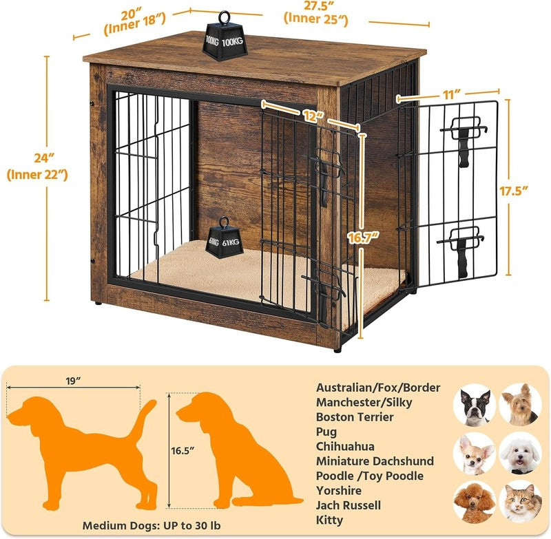 Wooden Dog Crate Table 27.5" w/Cushion Double Door Small/Medium Dogs2