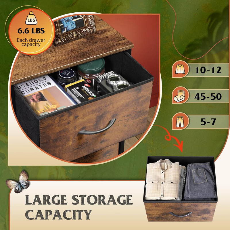 5 Drawer Fabric Dresser Storage Tower Steel Frame Wood Top Rustic Brown4