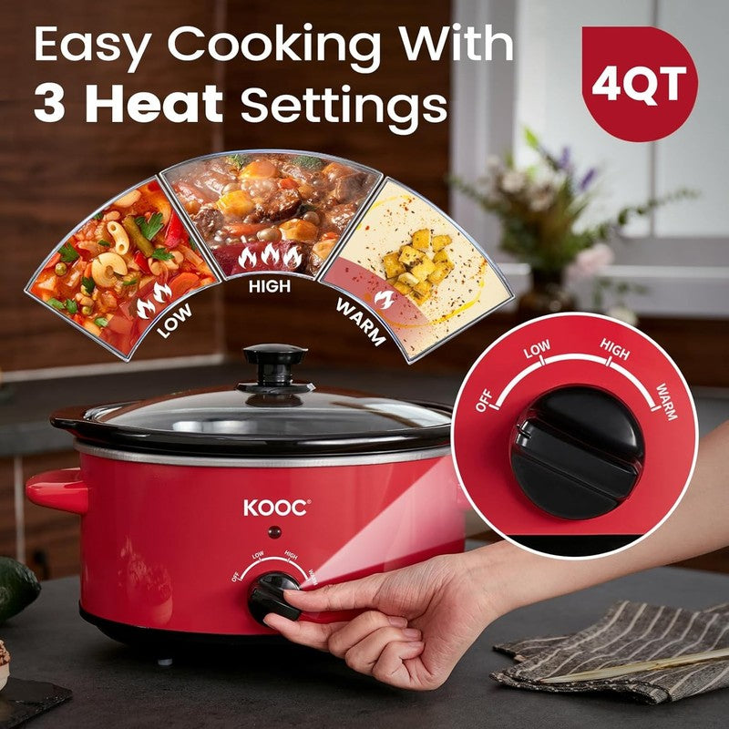 4Qt Slow Cooker 3-Setting Dishwasher Safe Ceramic Red Ellipse Pot2