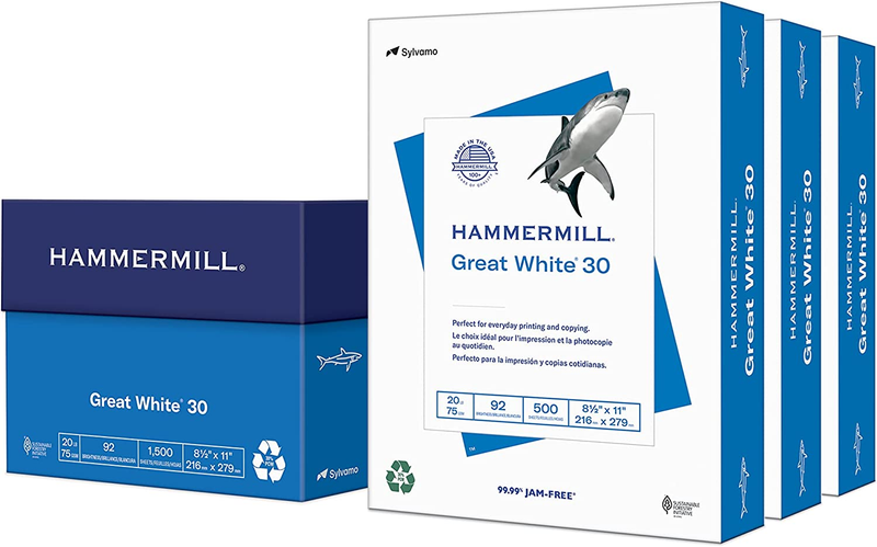 Great White 30% Recycled Printer Paper, 8.5x11, 1500 Sheets, Made in USA0