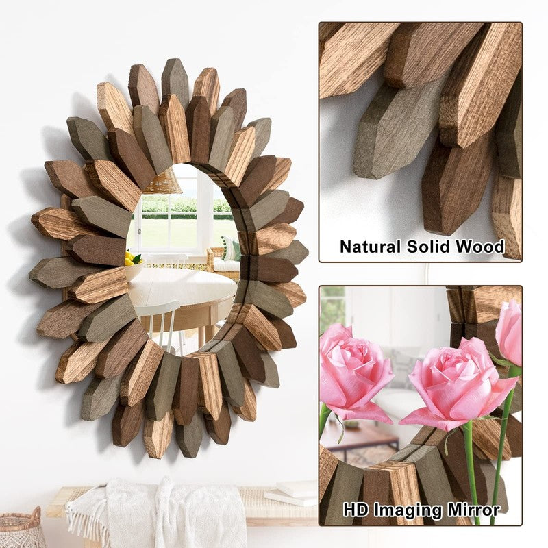 Boho Wall Decor 12 Inch Decorative Mirror with Rustic Wood Sunburst Frame, Perfe4