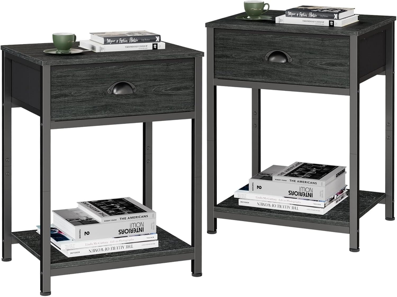 Set of 2 Nightstands Industrial End Tables w/ Fabric Drawer & Storage Black Oak0