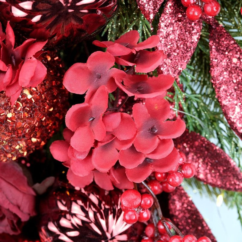 24" Decorative Christmas Teardrop Swag Red Hydrangea Purple Bow Red Berries5
