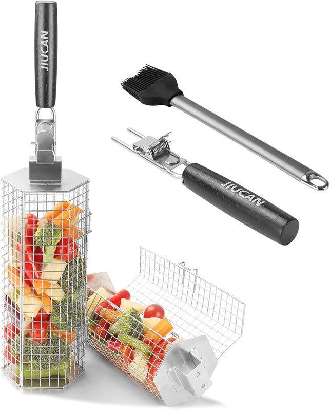 Grill Baskets Set, 2 PCS Stainless Steel Grill Baskets with Removable Wooden Han7