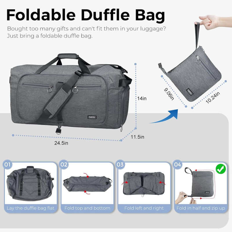 65L Travel Duffel Bag Foldable w/ Shoe Compartment Water Resistant Gray2