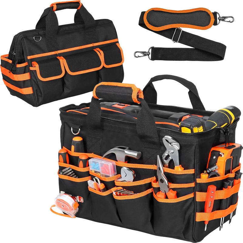 17" Heavy Duty Tool Bag Multi-Pocket Waterproof Organizer Black-Orange10