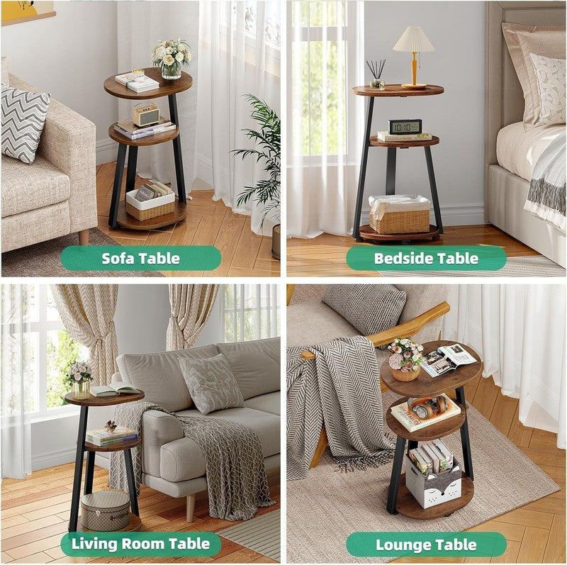 3-Tier Round Side Table Metal Frame Bedside End Table Brown9