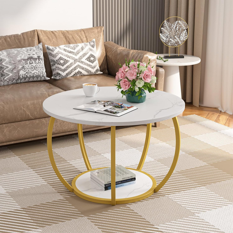 Round 2 Tier Coffee Table with Storage 27.6" Adjustable Feet, Marble9