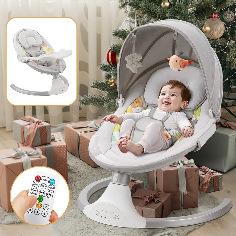 Baby Swing for Infants Rocker w/ Dinner Plate 5 Speeds Battery Indoor Grey0