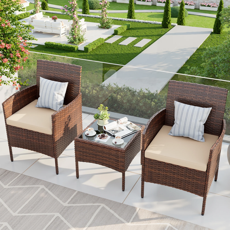 3 Pc Outdoor Patio Furniture Set Wicker Rattan Bistro Coffee Table Beige7