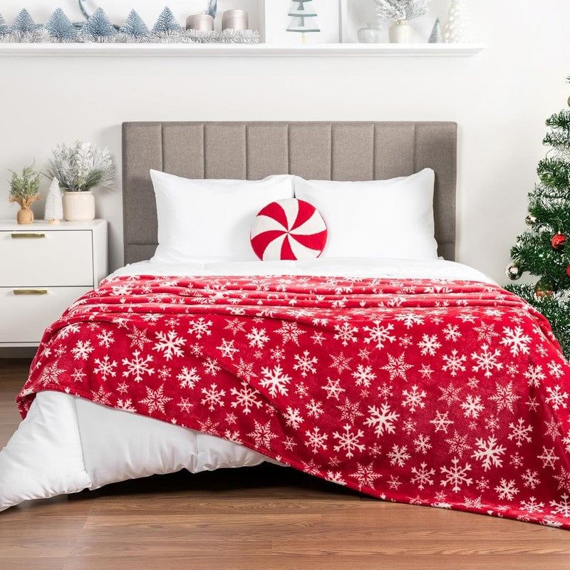 Christmas Throw Blanket Red White Snowflake Fleece Soft Warm Plush 50"x60"5