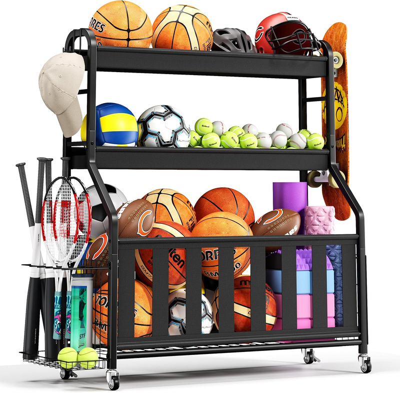 Sports Equipment Organizer, Rolling Ball Storage Cart with Locking Wheels, Hooks8