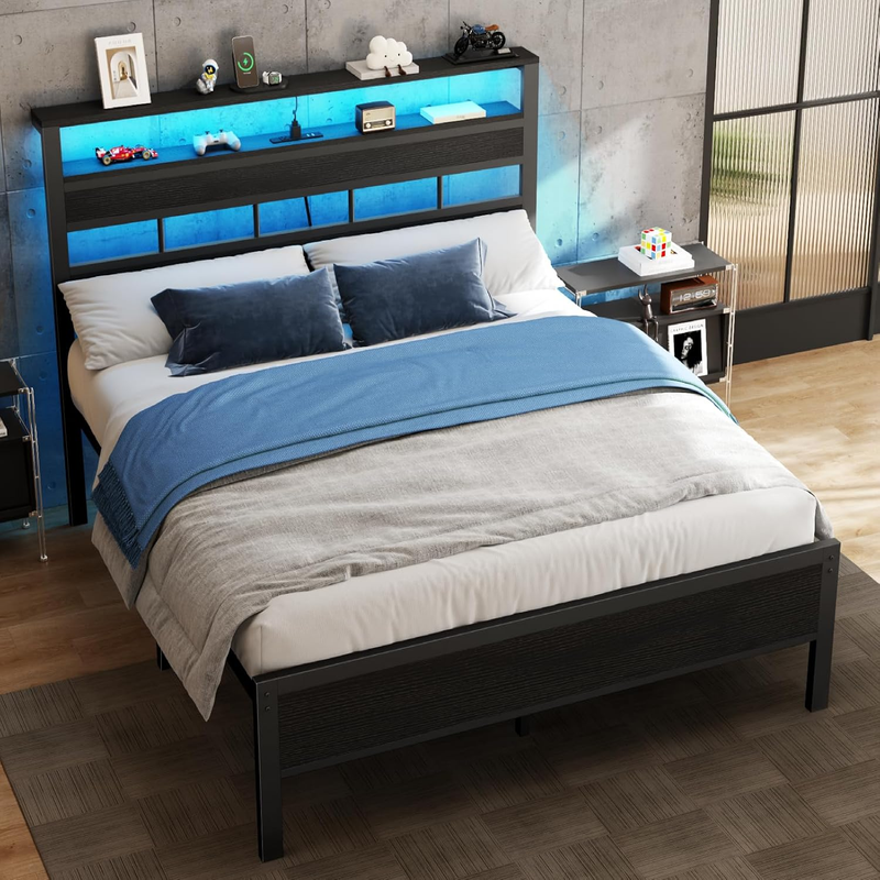 Size Bed Frame LED Charging Station Storage Headboard Metal Platform Black Oak2