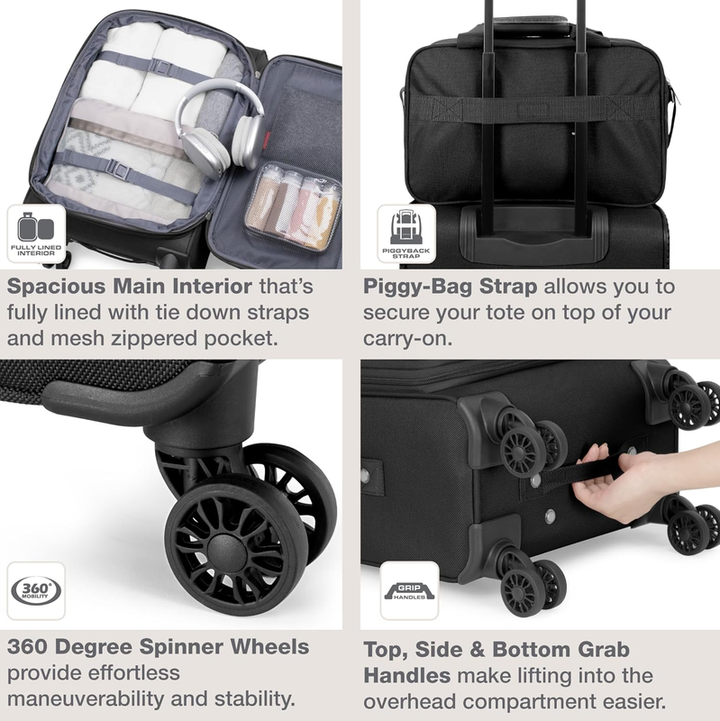 Lightweight Softside Carry On Suitcase 4 Wheel Spinner Luggage Black5