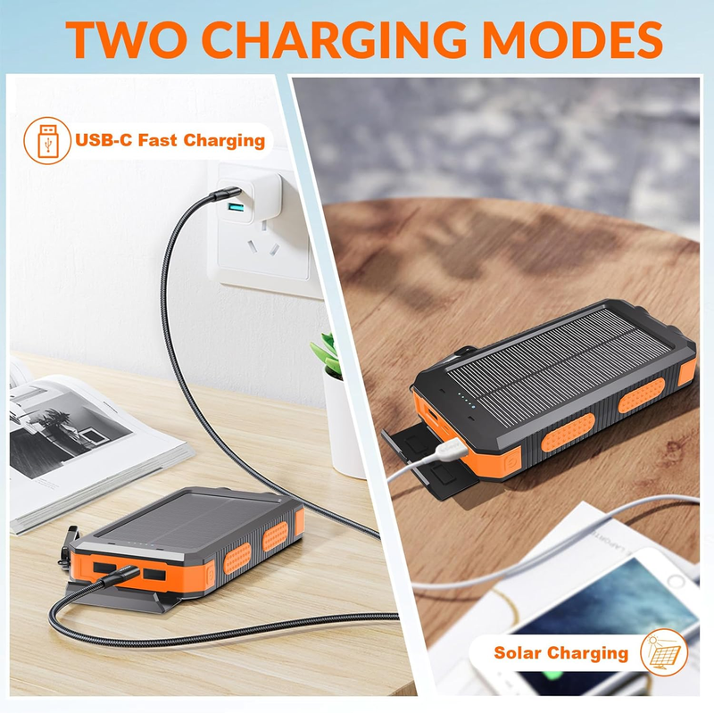 20000mAh Solar Power Bank 4 Cables USB-C Waterproof Dual Flashlight Camping4