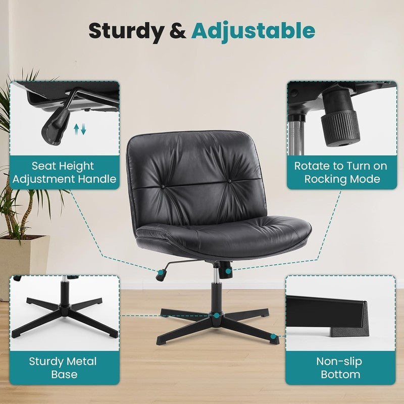Armless Criss Cross Office Chair Wide PU Leather Swivel Black No Wheels4