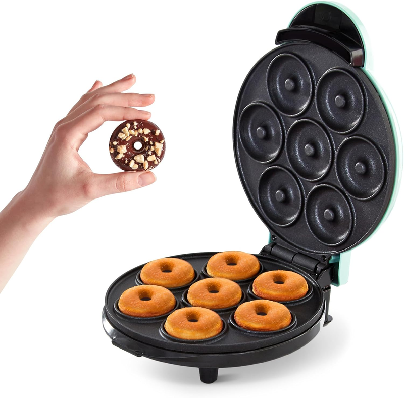 Express Mini Donut Maker Nonstick Double-Sided Makes 7 Space Saving Aqua9