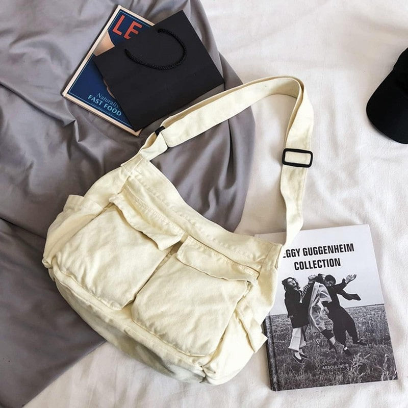 Aesthetic Cute Bag School Vintage Black Canvas Crossbody Shoulder Laptop Bag2