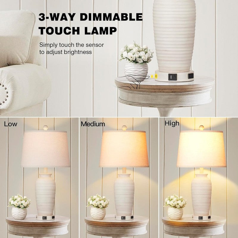 Set of 2 24 Inch Touch Control Table Lamps USB C AC Outlet Farmhouse White Resin2