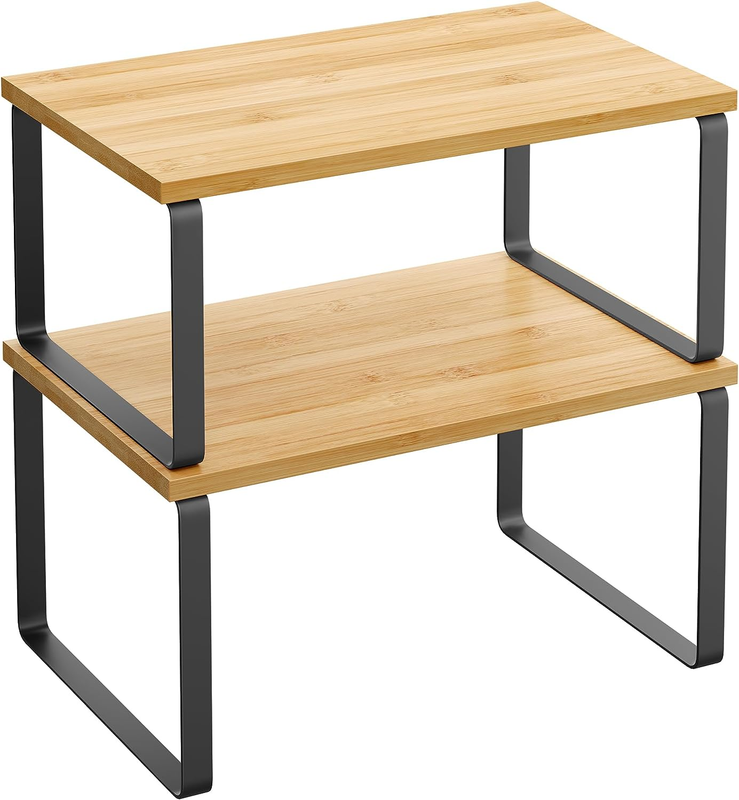 Cabinet Organizer Shelf, Set of 2 Kitchen Shelves, Ink Black and Natural Beige0