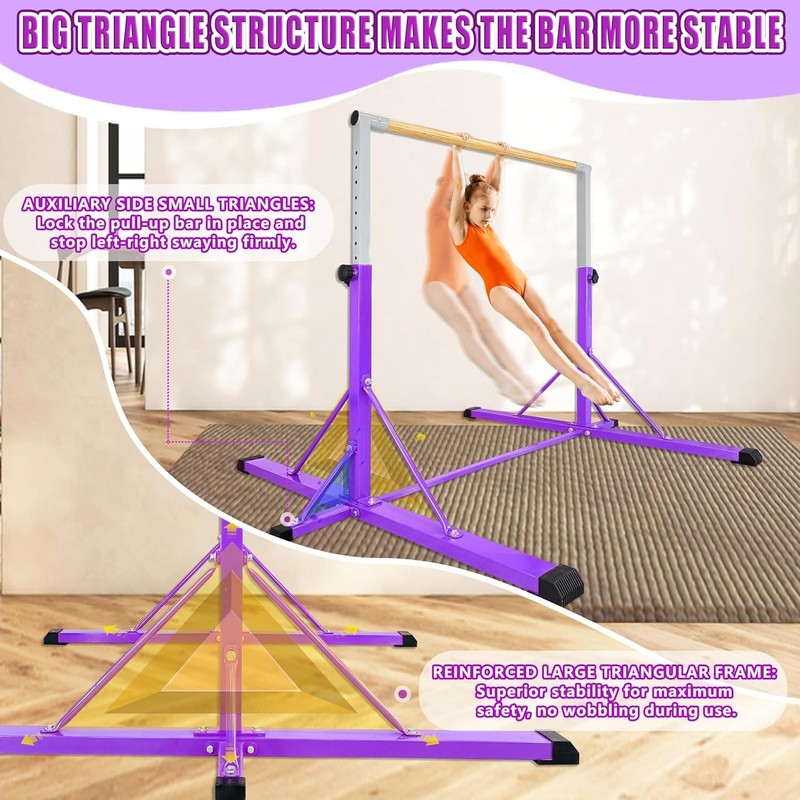 Kids Gymnastics Bar 35" 60" Adjustable Kip Bar 4FT Base Home Training3