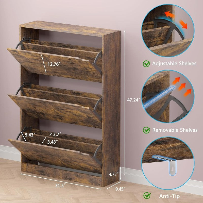 Shoe Cabinet 3 Flip Drawers Freestanding Wood Storage Entryway Hallway1
