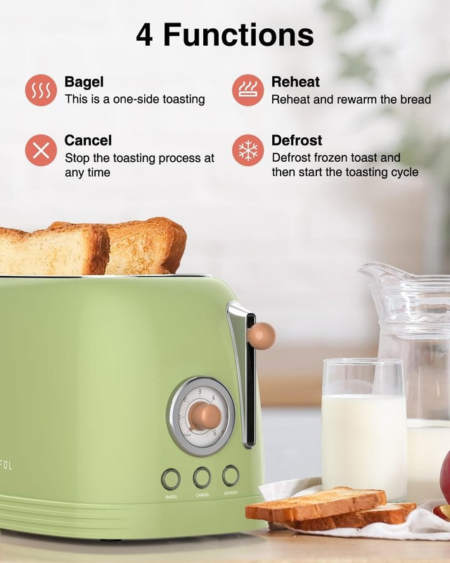 Retro 2-Slice Toaster Green - Wide Slots, Bagel, Defrost, Cancel, 6 Shade1