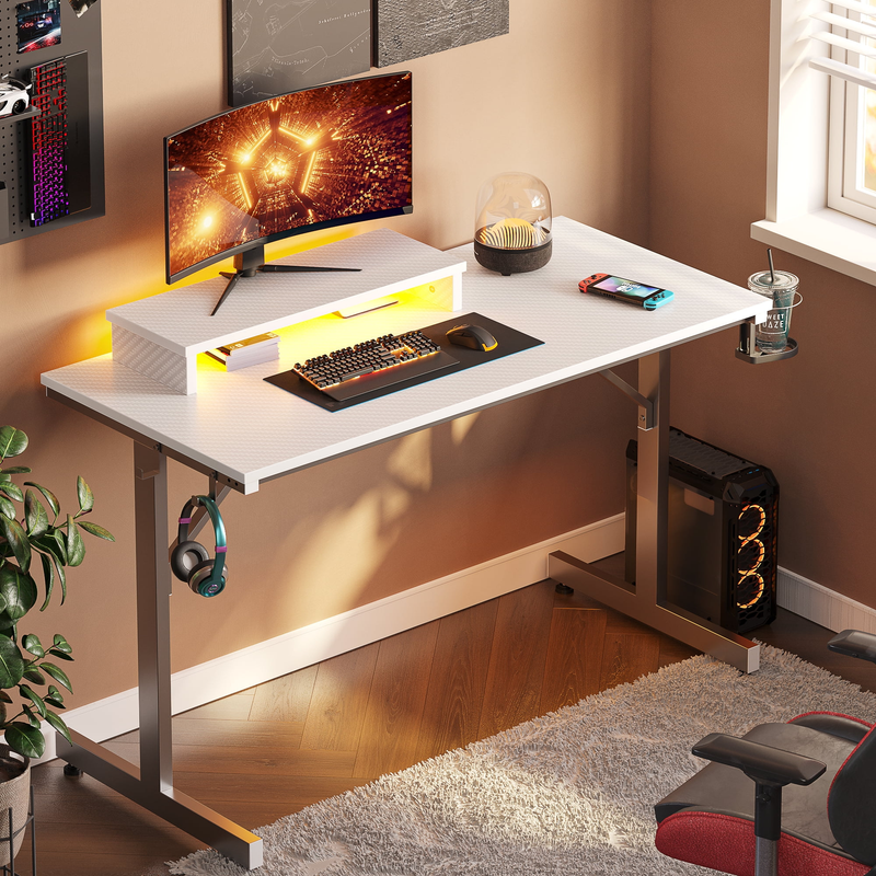 42" LED Gaming Desk w/ Monitor Stand PC Computer Gamer Table White9