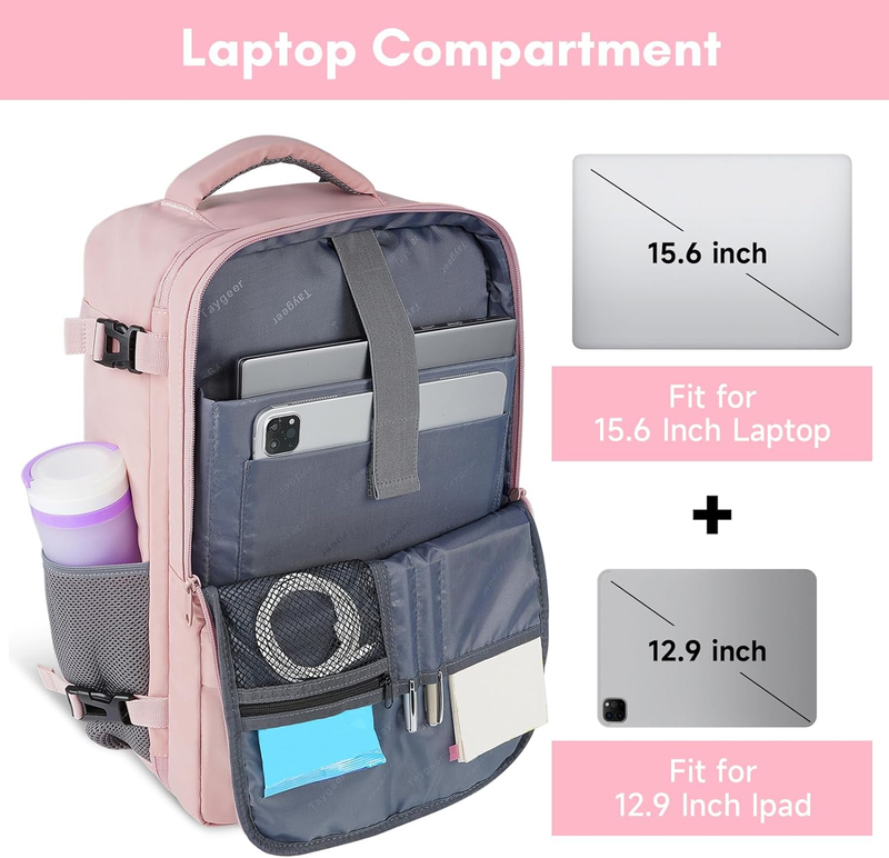 Travel Backpack for Women Carry On w/ USB Port Shoe Pouch TSA Pink4