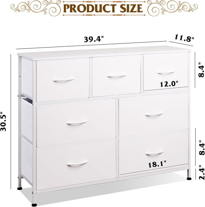 7 Drawer Dresser TV Stand White Fabric Storage Chest Wood Top Steel Frame2