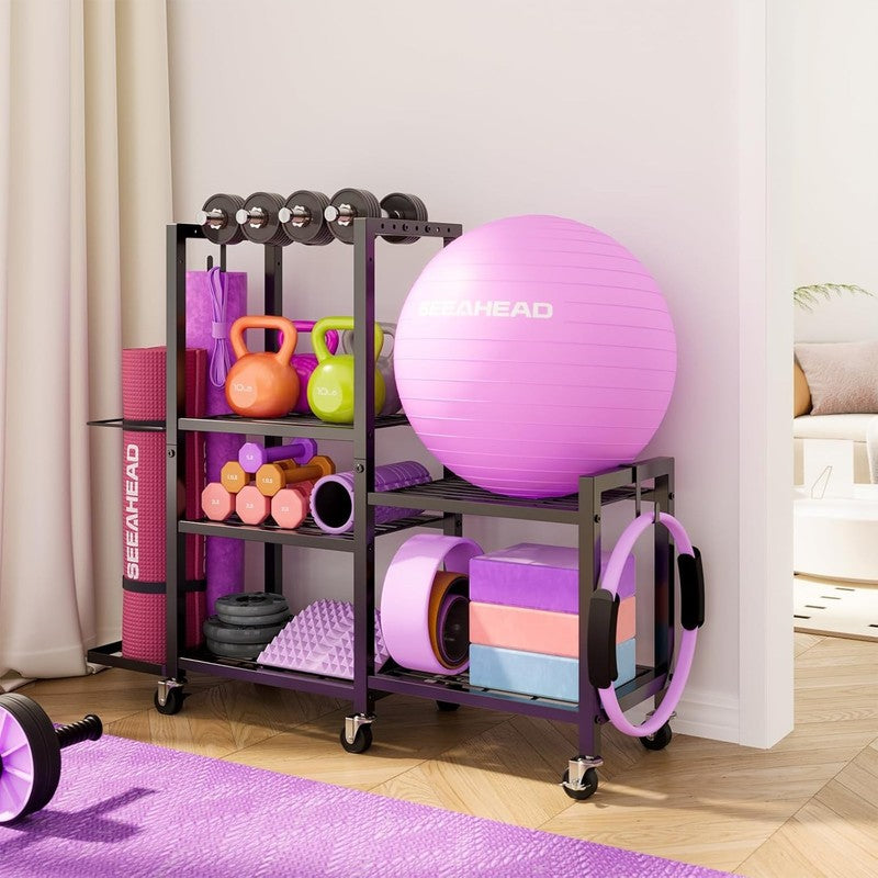 6 Tier Home Gym Storage Rack Dumbbell Weight Yoga Mat Organizer with Wheels3