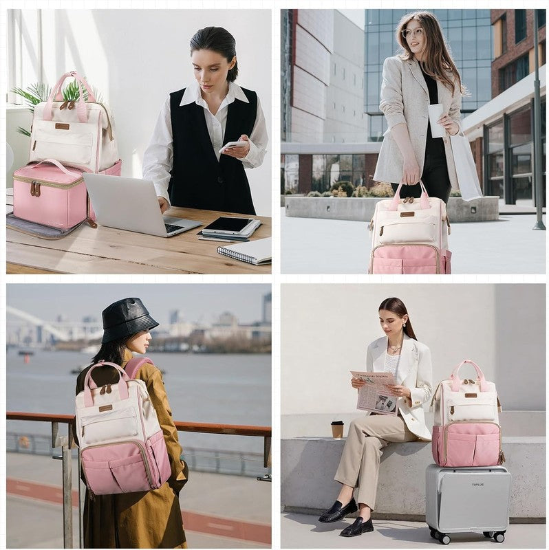 Travel Laptop Backpack 15.6 17.3" Nurse Work Bag w/ Lunch Pink Beige4