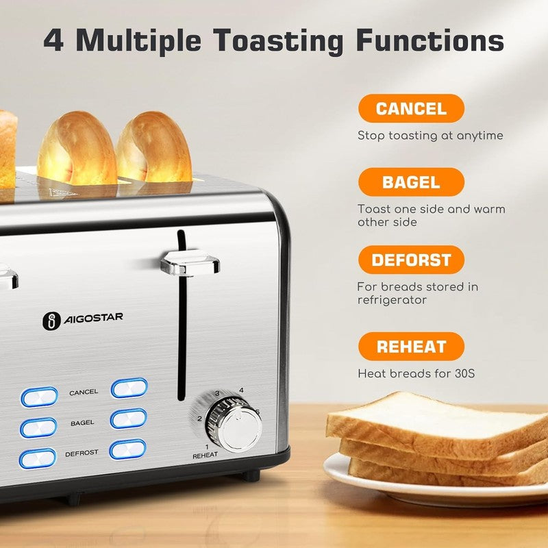4 Slice Stainless Steel Toaster - Wide Slots, Bagel, 6 Shades, 1550W, Prime4