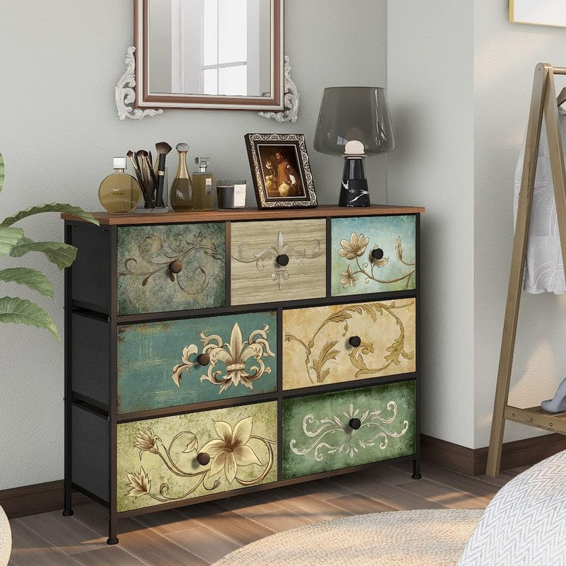 7 Drawer Fabric Dresser Retro Floral Chest Storage Organizer for Bedroom Closet6