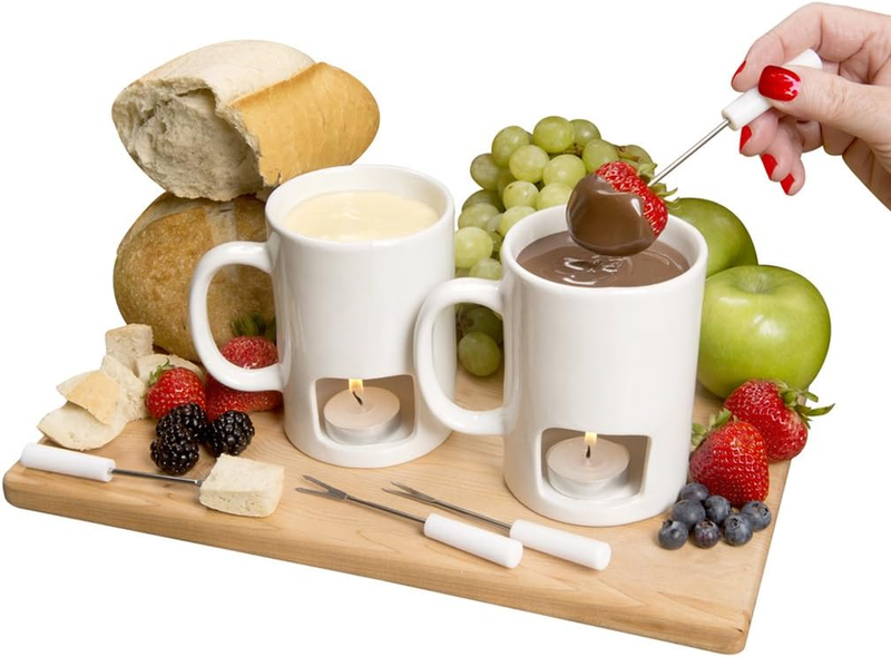 2 Pack Mini Fondue Mug Set, Ceramic, 4 Forks, 8 Candles, Chocolate/Cheese Gift9