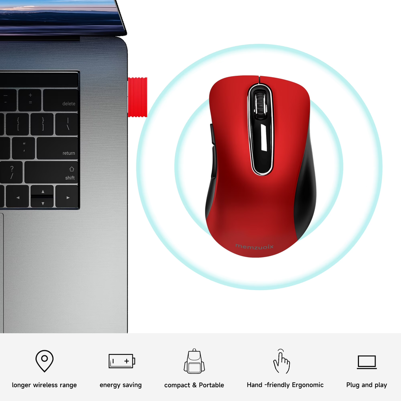 2.4GHz Wireless Mouse 1200 DPI 5 Button USB Receiver for PC Laptop Red4