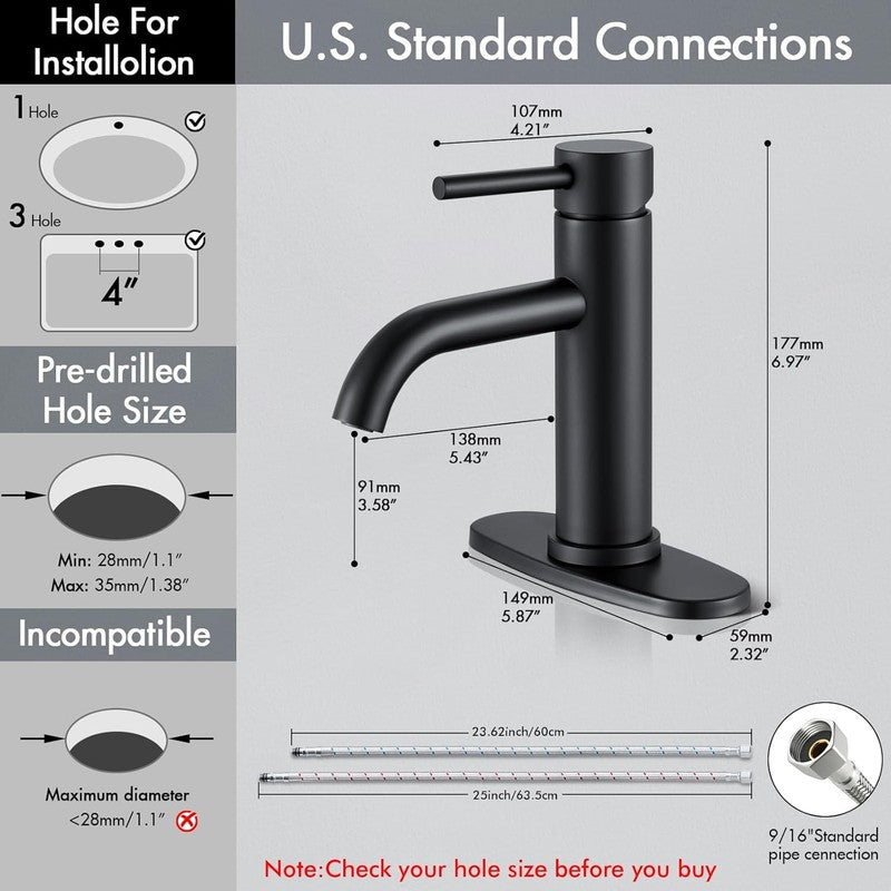 Black Bathroom Faucet,  Single Hole Bathroom Faucet with Pop-Up Drain and Flexib1