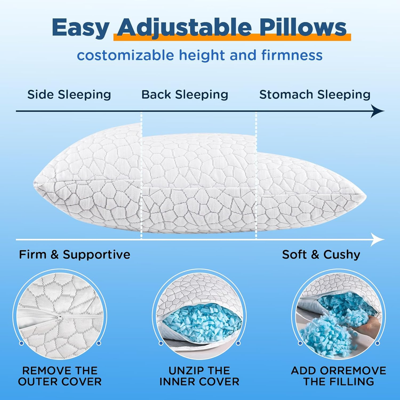 Cooling Pillows Queen Size Set of 2 Adjustable Memory Foam Neck Support5