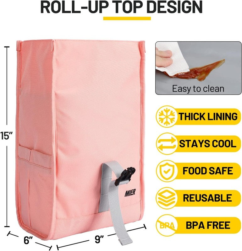 Insulated Roll Top Lunch Bag for Women Men Foldable Tote w/ Shoulder Strap Pink1