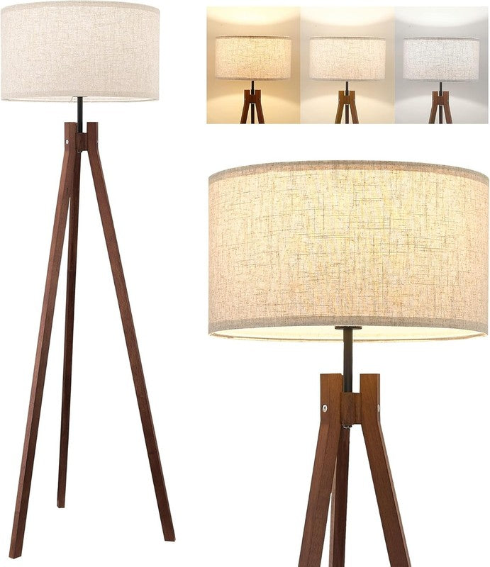 Wood Tripod Floor Lamp Mid Century Reading Lamp Linen Shade LED 9W 3 Color7