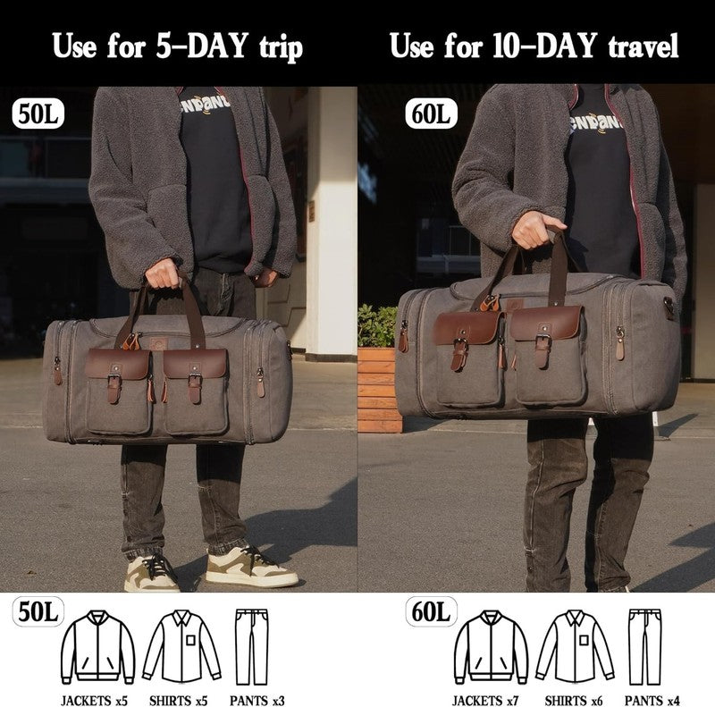 50L Canvas Travel Duffle Bag Expandable Leather Overnight Carry On5