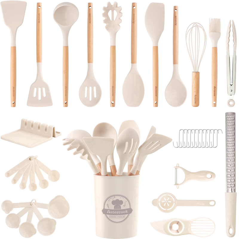 38PCS Silicone Kitchen Utensil Set Wooden Handle Heat Resistant White9