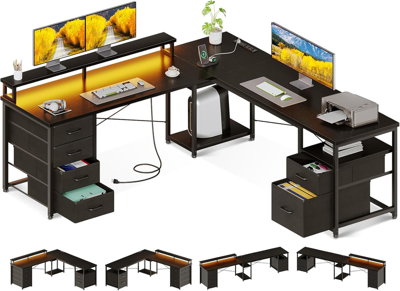 66" L Shaped Computer Desk Reversible LED Power Black Home Office10