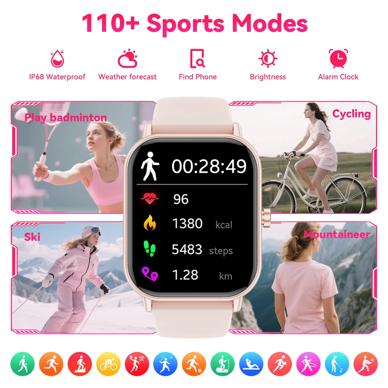 1.85" Smart Watch Android iPhone Call Fitness Tracker IP68 Pink3