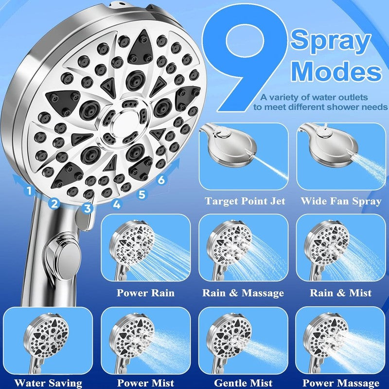 9 Mode High Pressure Handheld Shower Head w/ Hose Anti Clog & Power Wash2