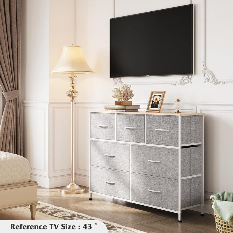 7 Drawer TV Stand Dresser Light Grey Metal Frame Wood Top Storage Chest3