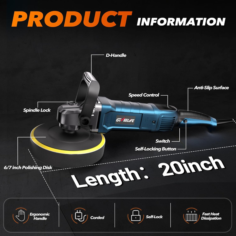 6/7" 1600W Car Buffer Polisher Waxer 7 Speed 1000 3500RPM Detachable Handle3