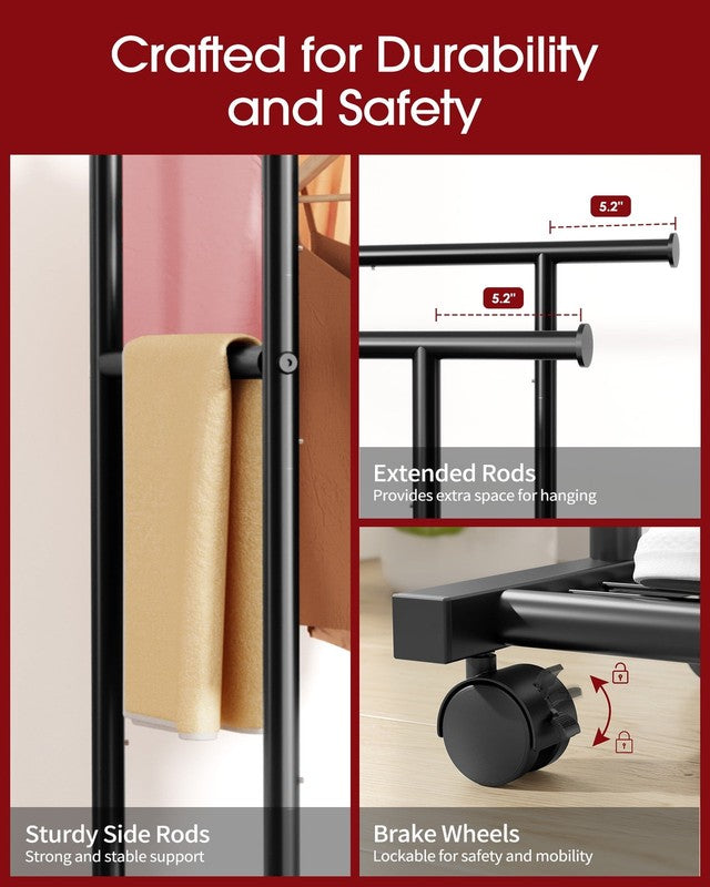 Clothes Rack with Double Hanging Rods and Bottom Shelf, Rolling Metal Garment Ra4