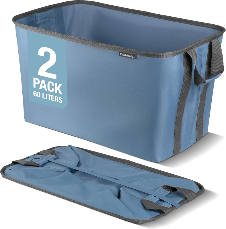 Collapsible Laundry Basket Hamper 2 Pack 60L Denim Gray Foldable Organizer0