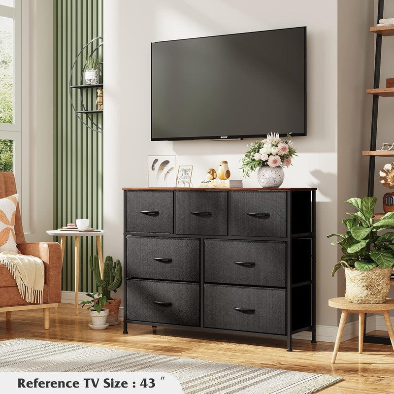 7 Drawer TV Stand Dresser Black & Rustic Brown Metal Frame Wood Top Storage3
